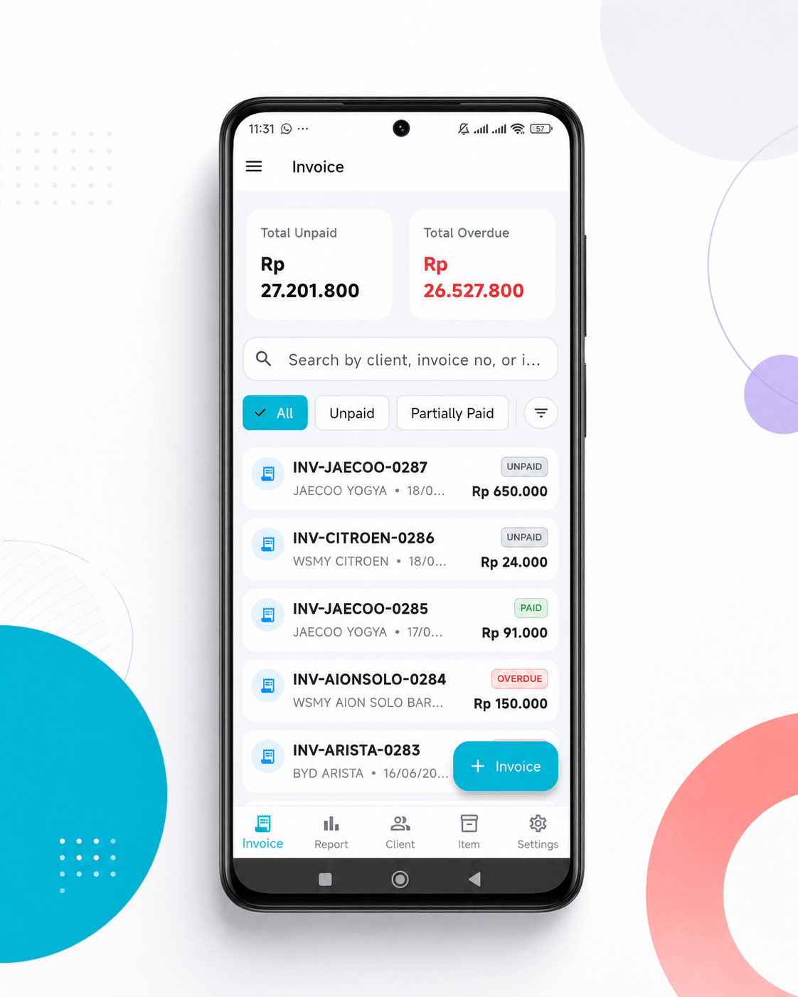 Tampilan daftar invoice dalam aplikasi Totalin